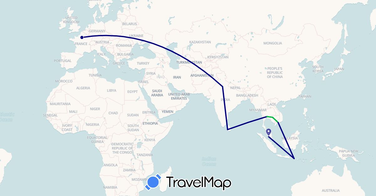 TravelMap itinerary: driving, bus in France, Indonesia, India, Cambodia, Sri Lanka, Malaysia, Thailand, Vietnam (Asia, Europe)