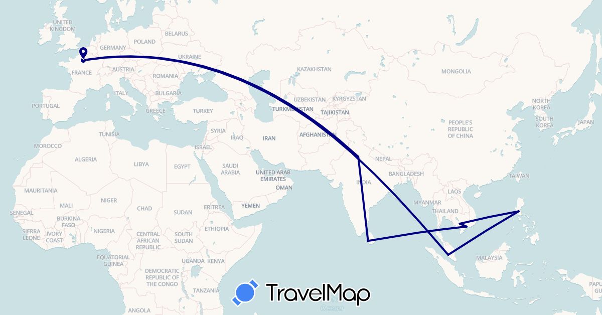 TravelMap itinerary: driving in France, India, Cambodia, Sri Lanka, Malaysia, Philippines, Vietnam (Asia, Europe)